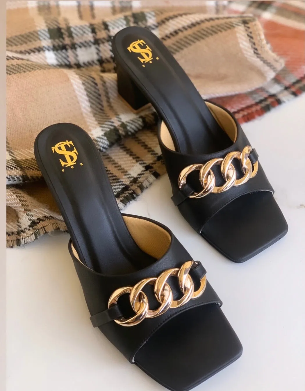 Black Chained Block heels