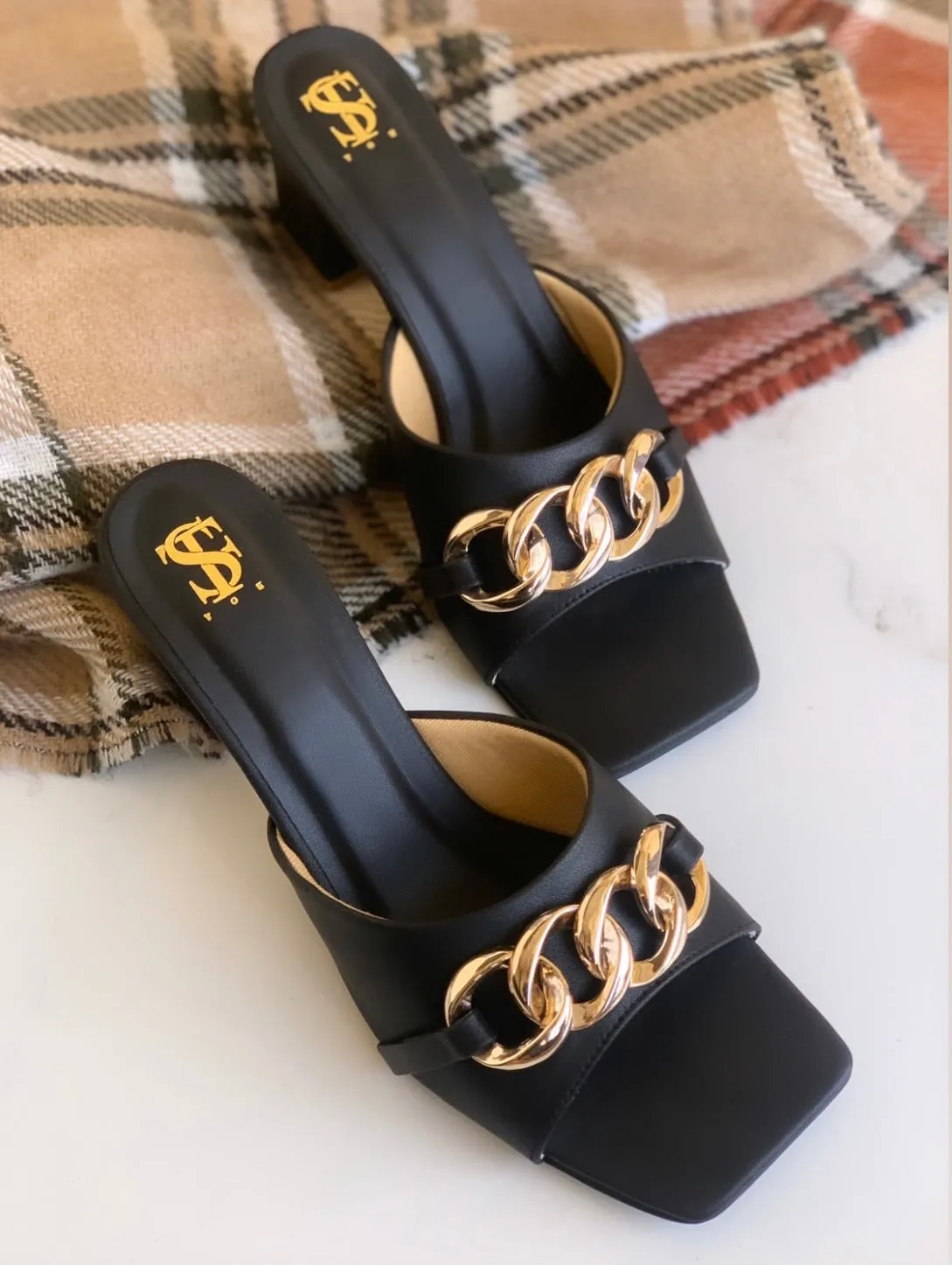 Black Chained Block heels