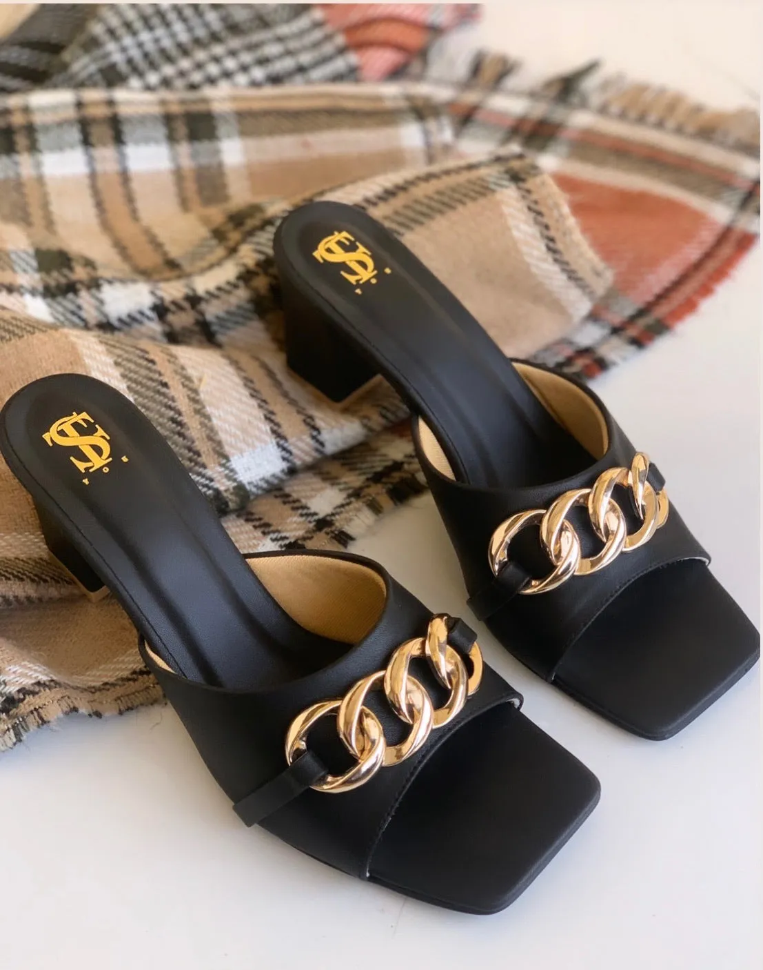 Black Chained Block heels
