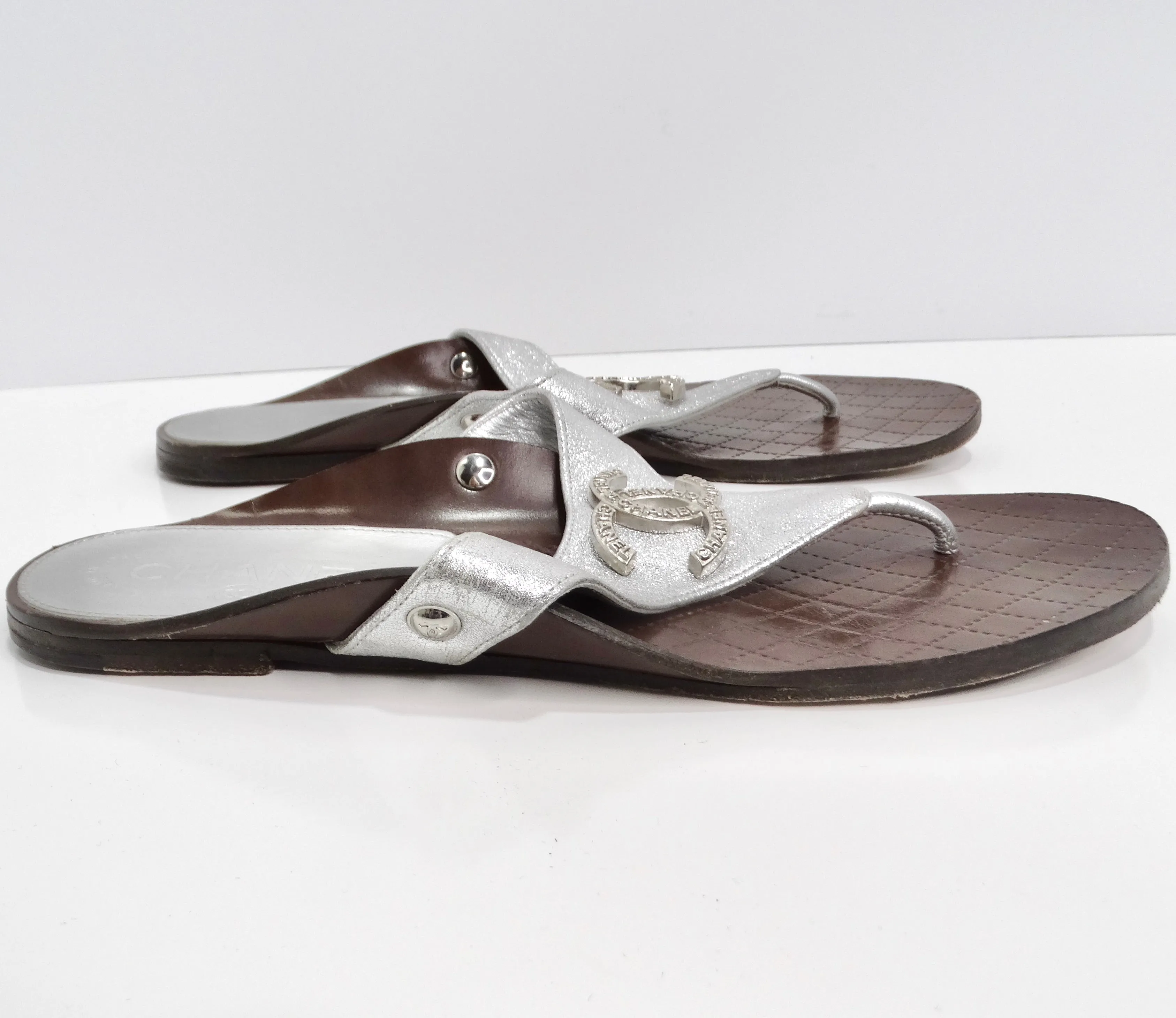 Chanel 2018 CC Silver Leather Sandals