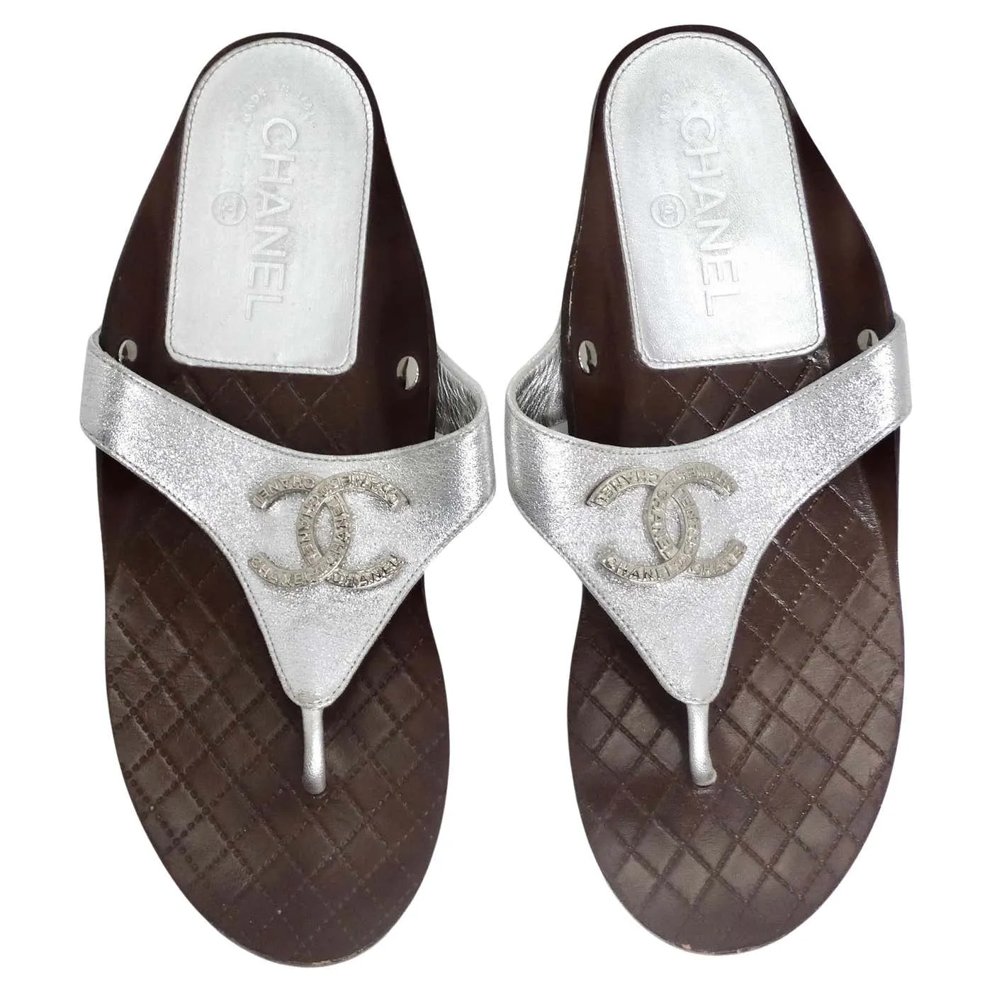 Chanel 2018 CC Silver Leather Sandals