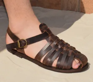 Closed toe fisherman Men Handmade greek sandals High Quality Vegetable tanned Genuine Leather Free shipping Color Brown Man Summer Shoes