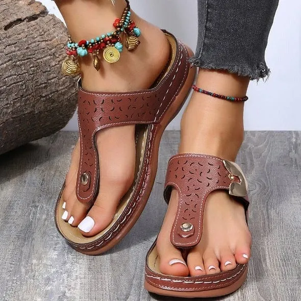 Decorative Wedge Sandals with Metal Clasp