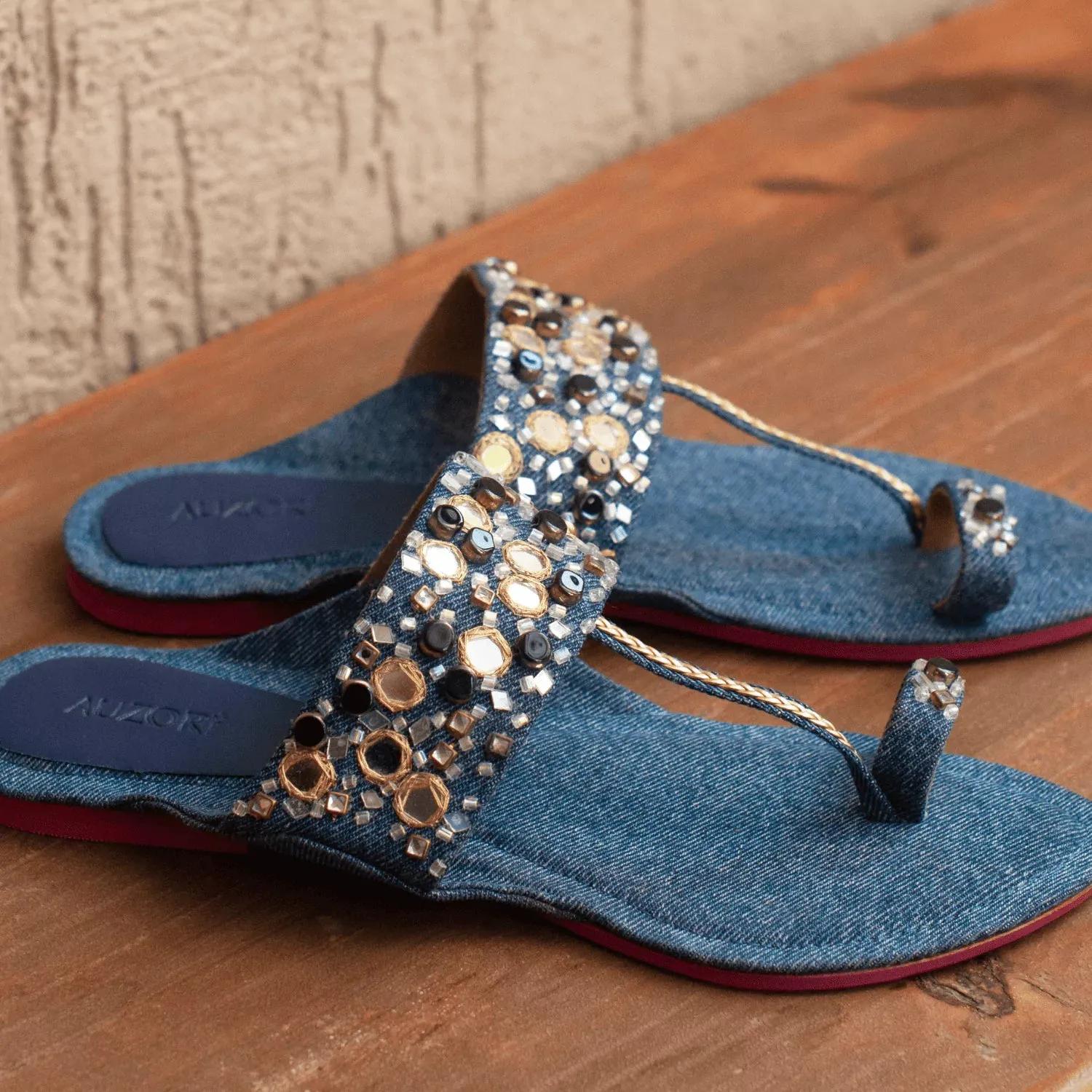 Denim Embroidered Mirror Kolhapuri Flats