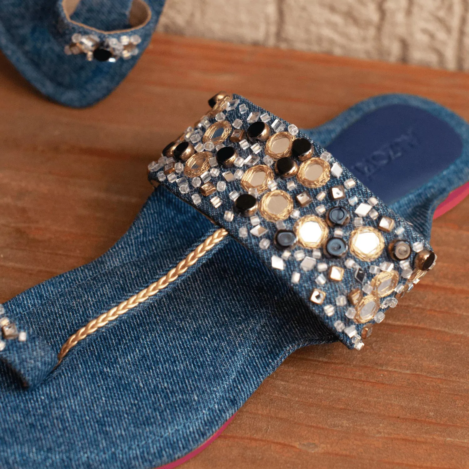 Denim Embroidered Mirror Kolhapuri Flats
