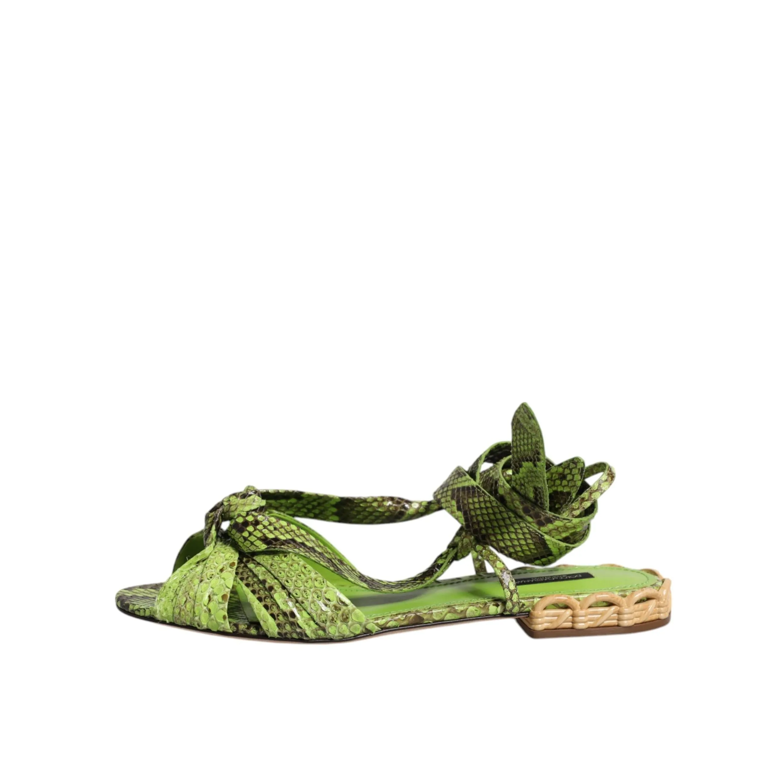 Dolce & Gabbana Green Animal Print Ankle Wrap Sandals Shoes