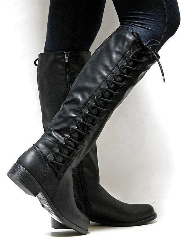 Fashion Solid Color Bandage Thigh-high Low-heel Boots Shoes