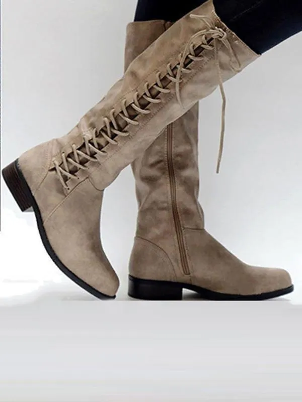Fashion Solid Color Bandage Thigh-high Low-heel Boots Shoes