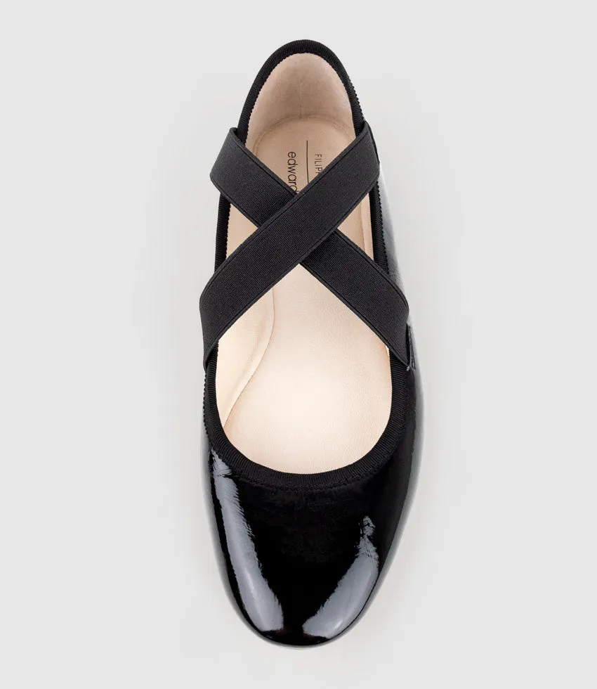 FELICITY Elastic Cross Strap Ballet in Black Patent