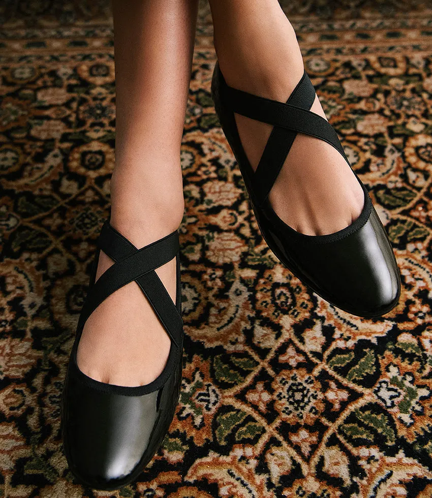 FELICITY Elastic Cross Strap Ballet in Black Patent