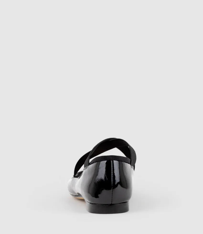 FELICITY Elastic Cross Strap Ballet in Black Patent