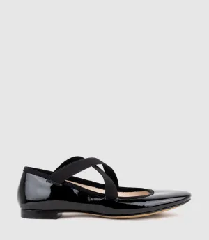 FELICITY Elastic Cross Strap Ballet in Black Patent