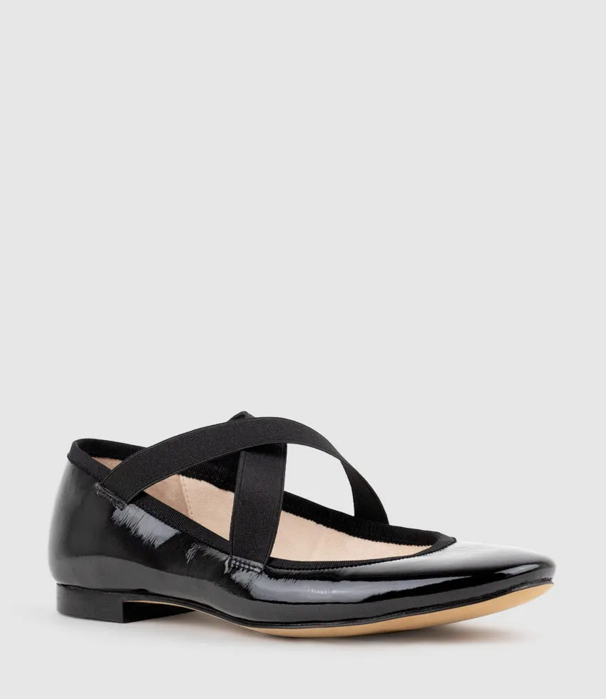FELICITY Elastic Cross Strap Ballet in Black Patent