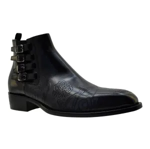 Men's Italian Shoes Jo Ghost 4757N Black Leather Embroidery  Buckle Ankle Boots