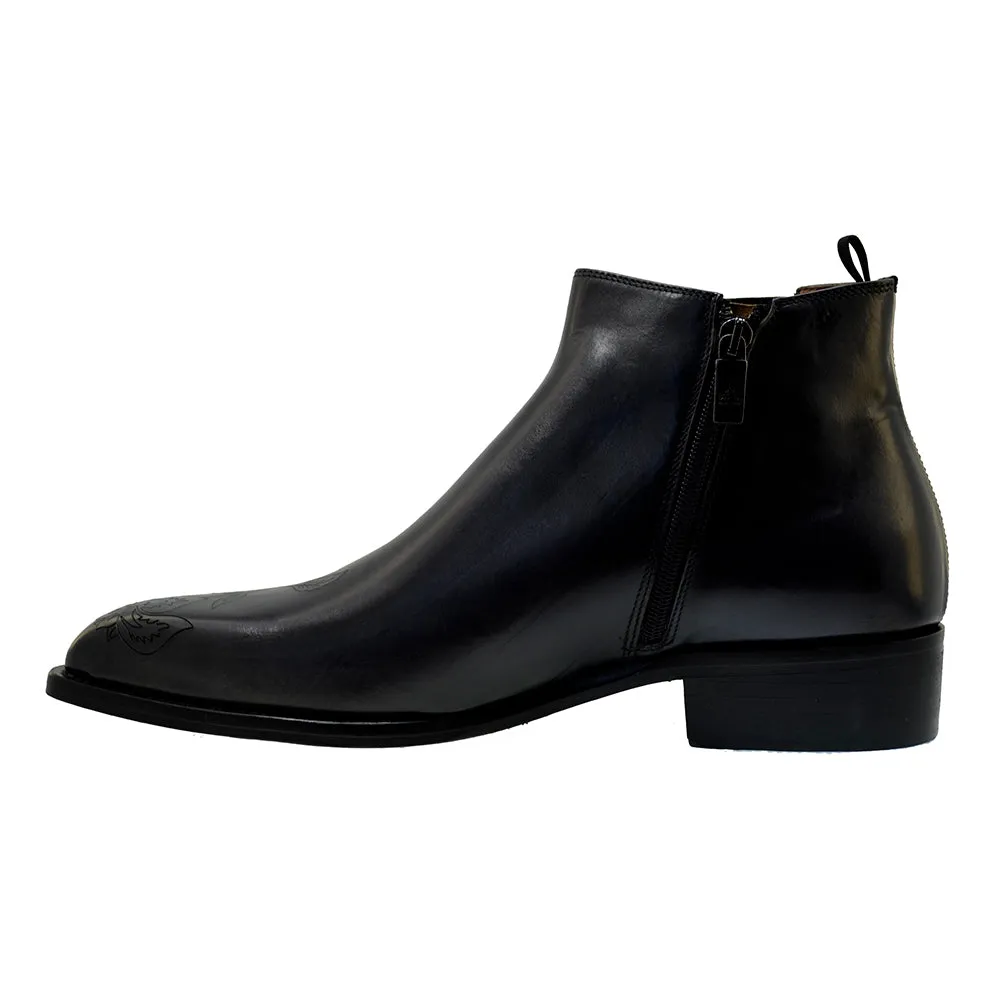 Men's Italian Shoes Jo Ghost 4757N Black Leather Embroidery  Buckle Ankle Boots