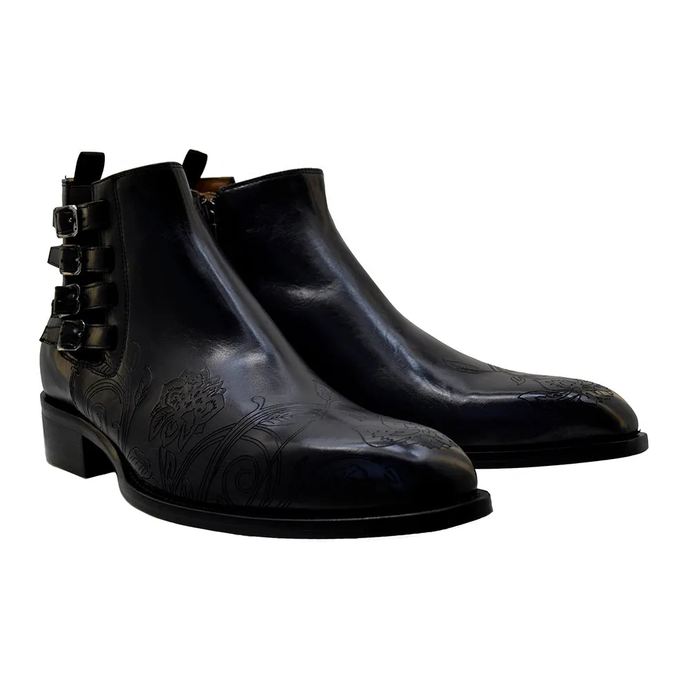 Men's Italian Shoes Jo Ghost 4757N Black Leather Embroidery  Buckle Ankle Boots