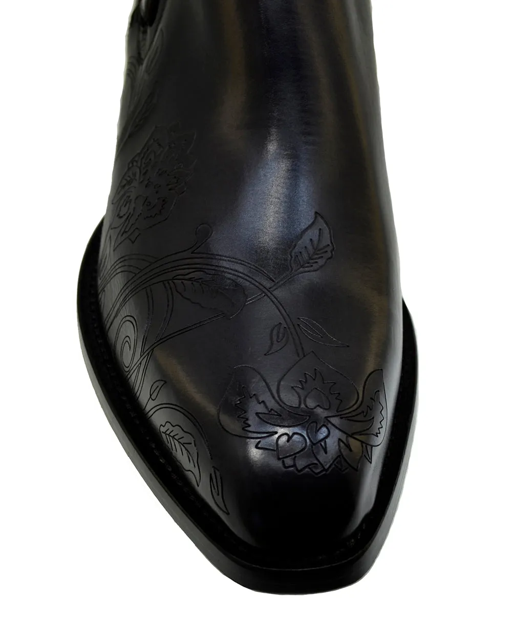 Men's Italian Shoes Jo Ghost 4757N Black Leather Embroidery  Buckle Ankle Boots