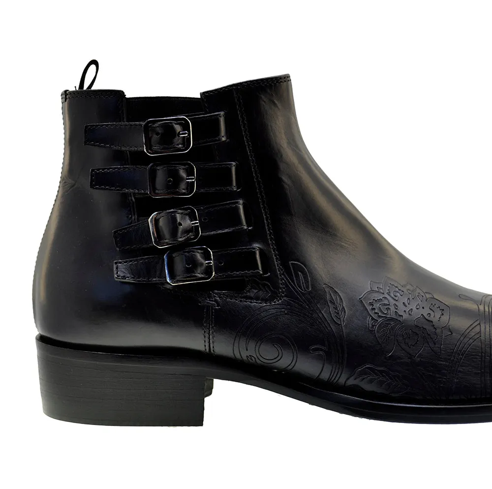 Men's Italian Shoes Jo Ghost 4757N Black Leather Embroidery  Buckle Ankle Boots