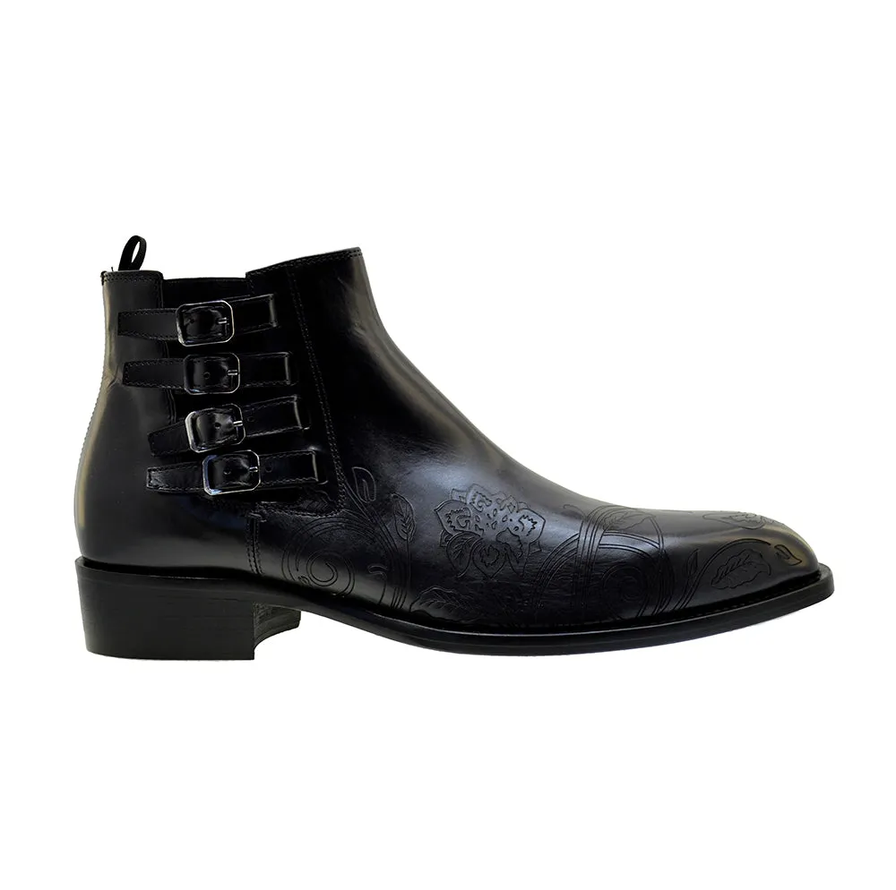 Men's Italian Shoes Jo Ghost 4757N Black Leather Embroidery  Buckle Ankle Boots