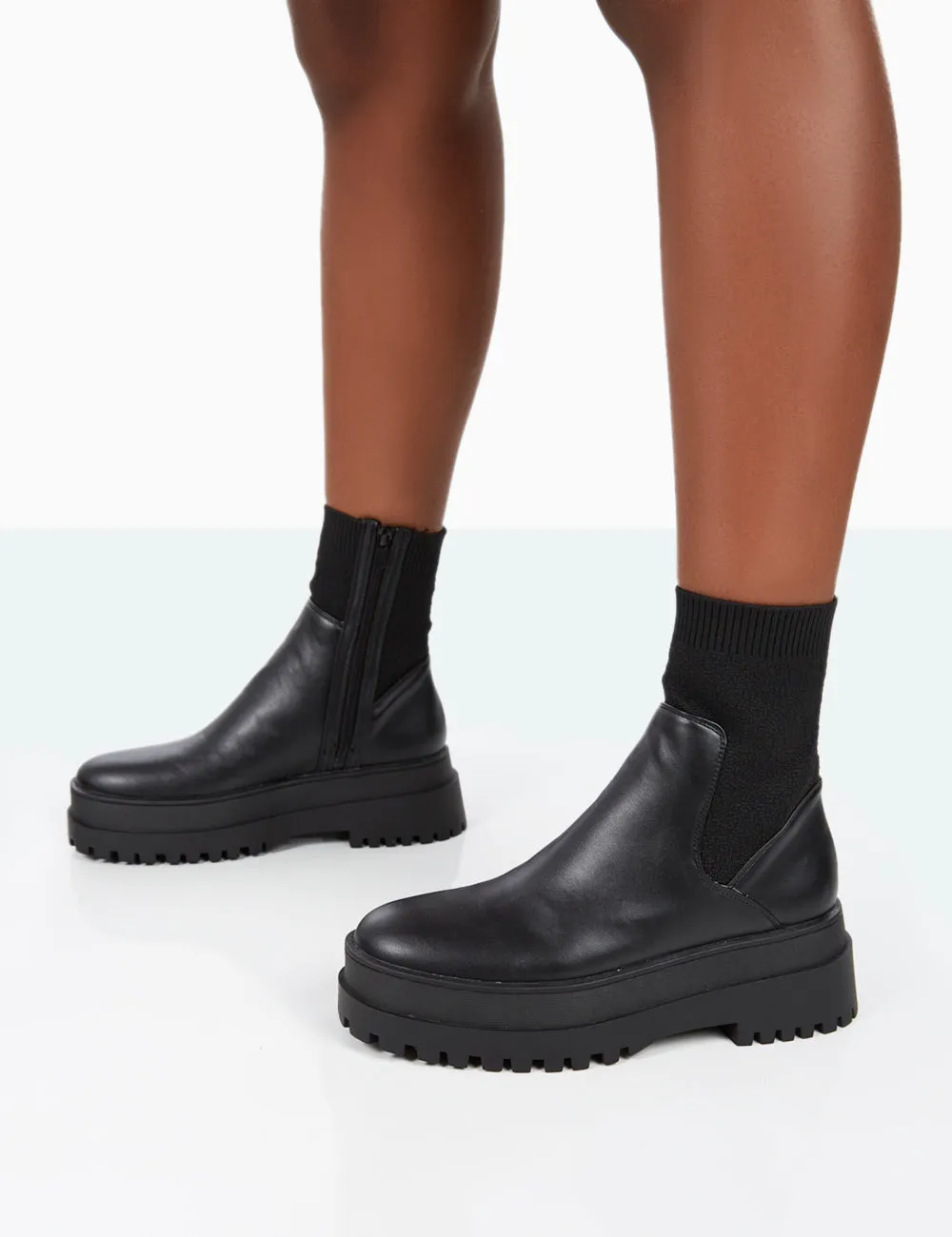 Paloma Black Boucle Knit Chunky Sole Sock Ankle Boots