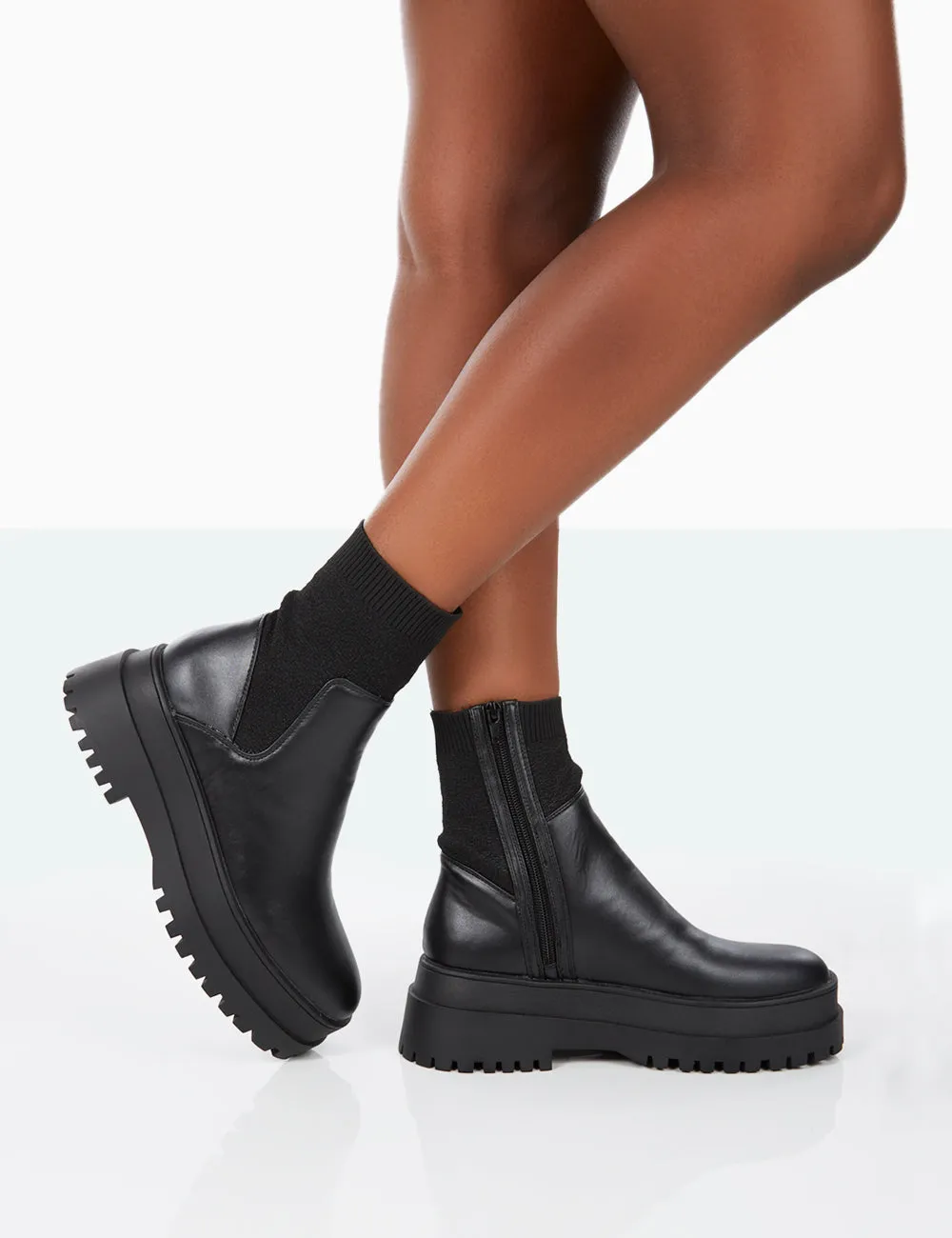 Paloma Black Boucle Knit Chunky Sole Sock Ankle Boots