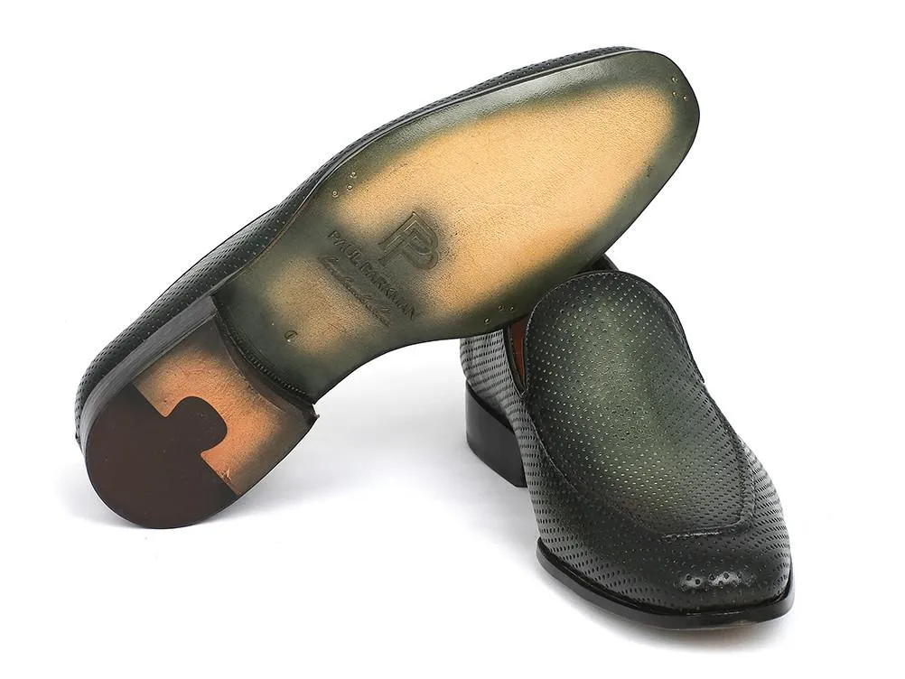 Paul Parkman Perforated Leather Loafers Green Shoes (ID#874-GRN)