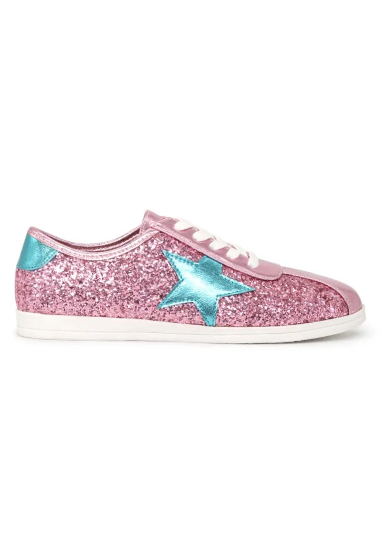 Pink Star Glitter Lace-Up Sneakers