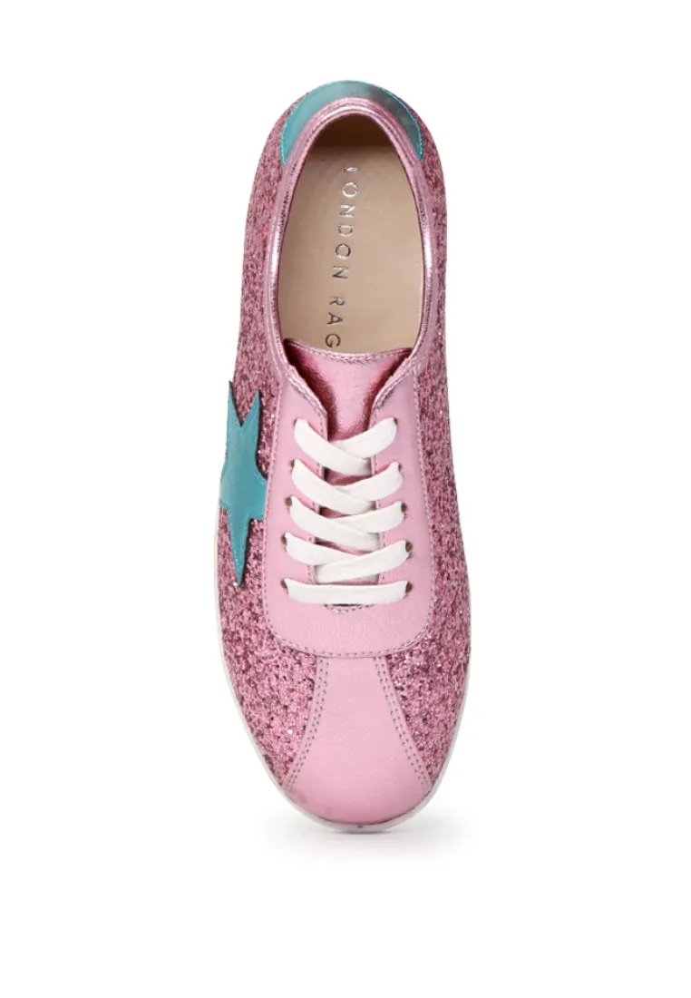 Pink Star Glitter Lace-Up Sneakers