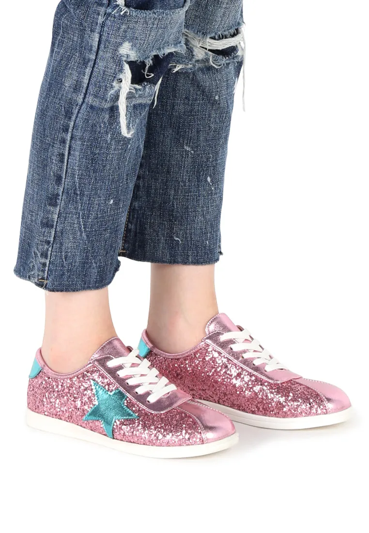 Pink Star Glitter Lace-Up Sneakers