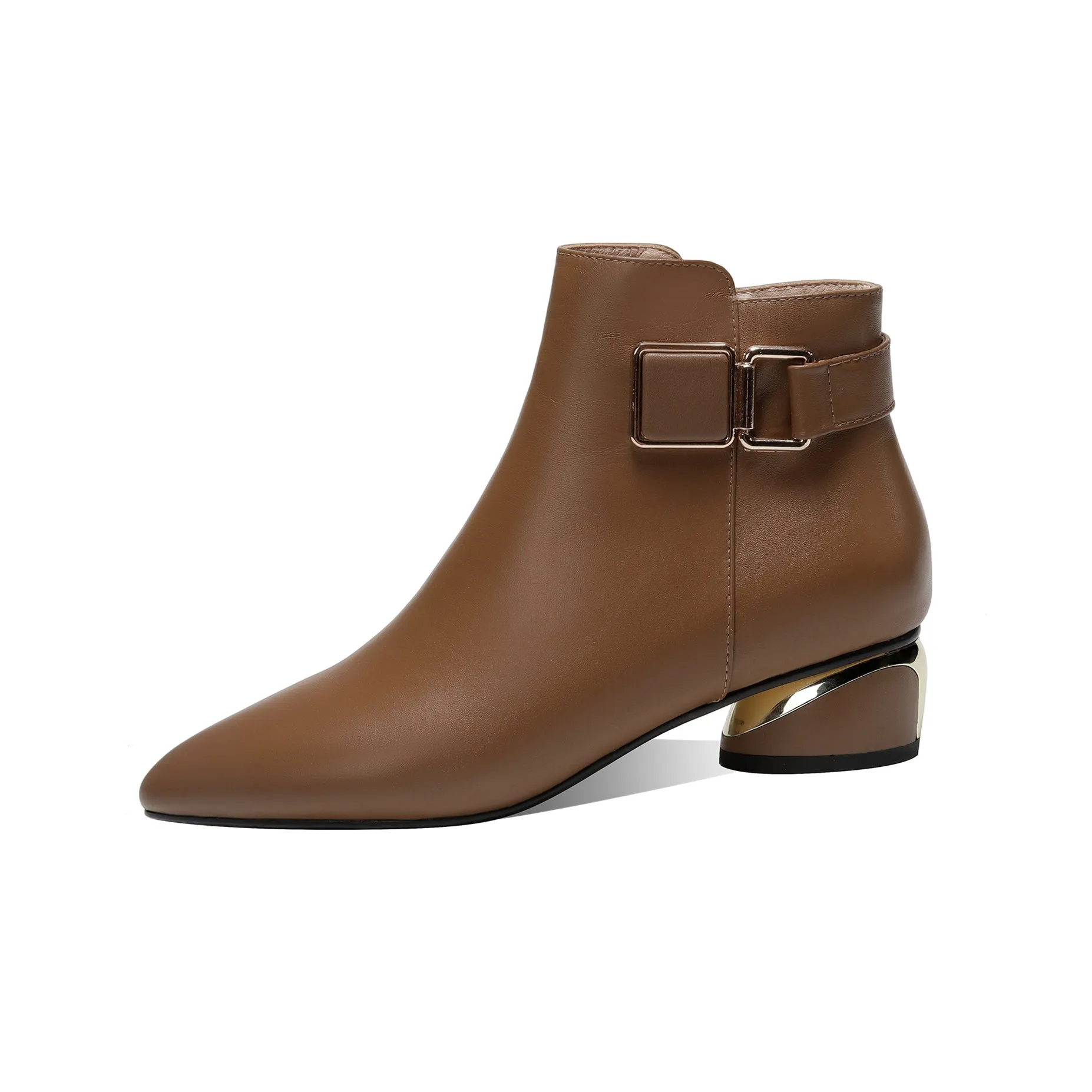 TinaCus Women's Pointed Toe Genuine Leather Handmade Buckle Low Chunky Heels Side Zip Up Stylish Ankle Boots