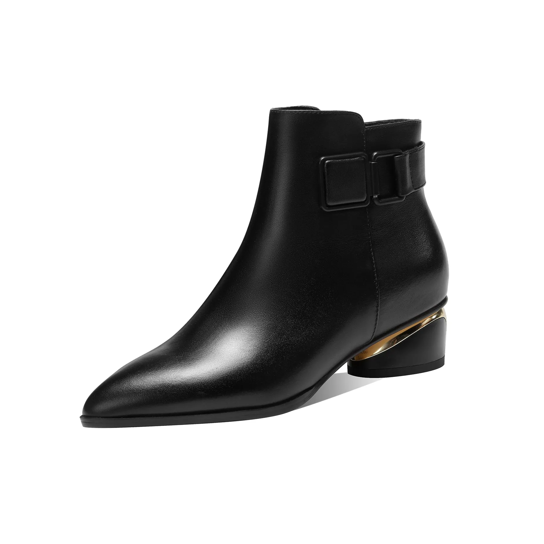 TinaCus Women's Pointed Toe Genuine Leather Handmade Buckle Low Chunky Heels Side Zip Up Stylish Ankle Boots