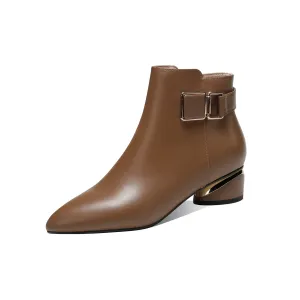 TinaCus Women's Pointed Toe Genuine Leather Handmade Buckle Low Chunky Heels Side Zip Up Stylish Ankle Boots