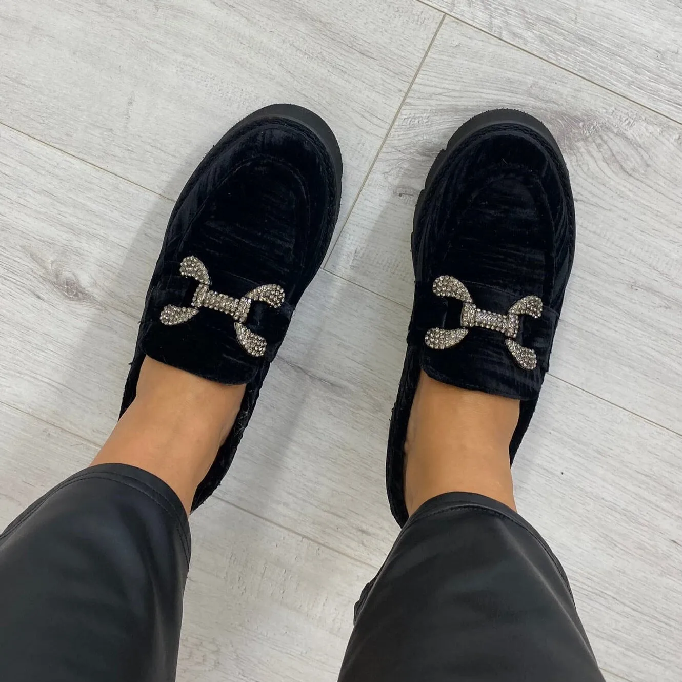 Una Healy Black Velvet Chunky Sole Loafers