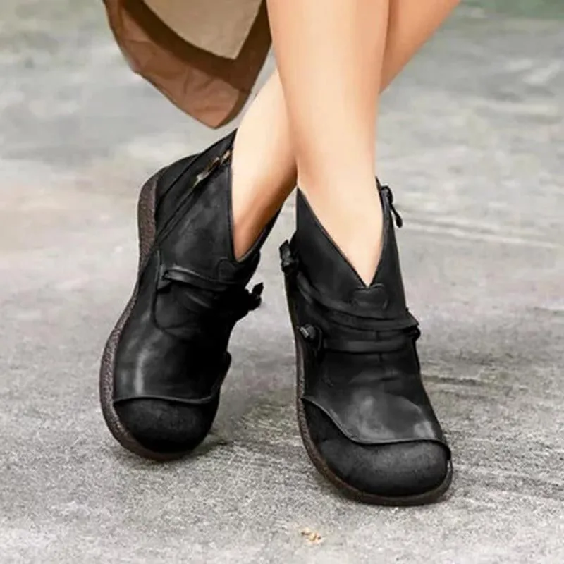 Vintage round toe wide fit low-cut booties with zipper