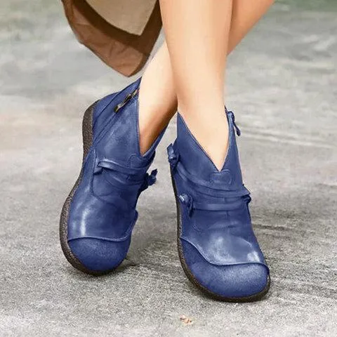 Vintage round toe wide fit low-cut booties with zipper